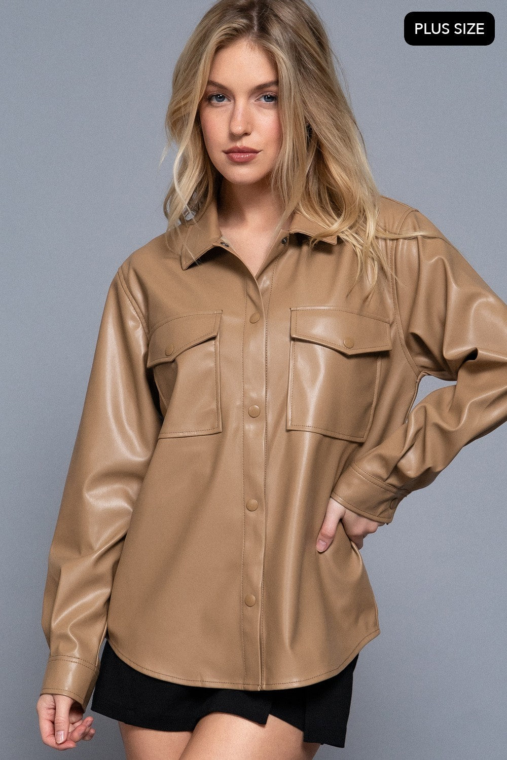 Long Slv Faux Leather Shacket