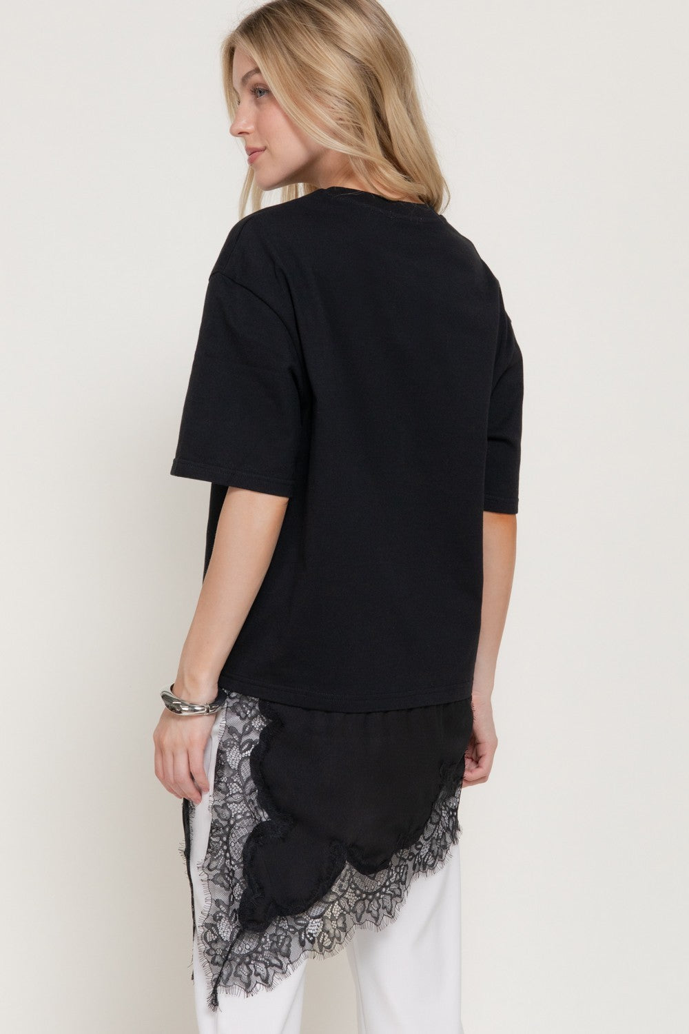 Short Slv Asymmetrical Hem Tonal Lace Knit Top