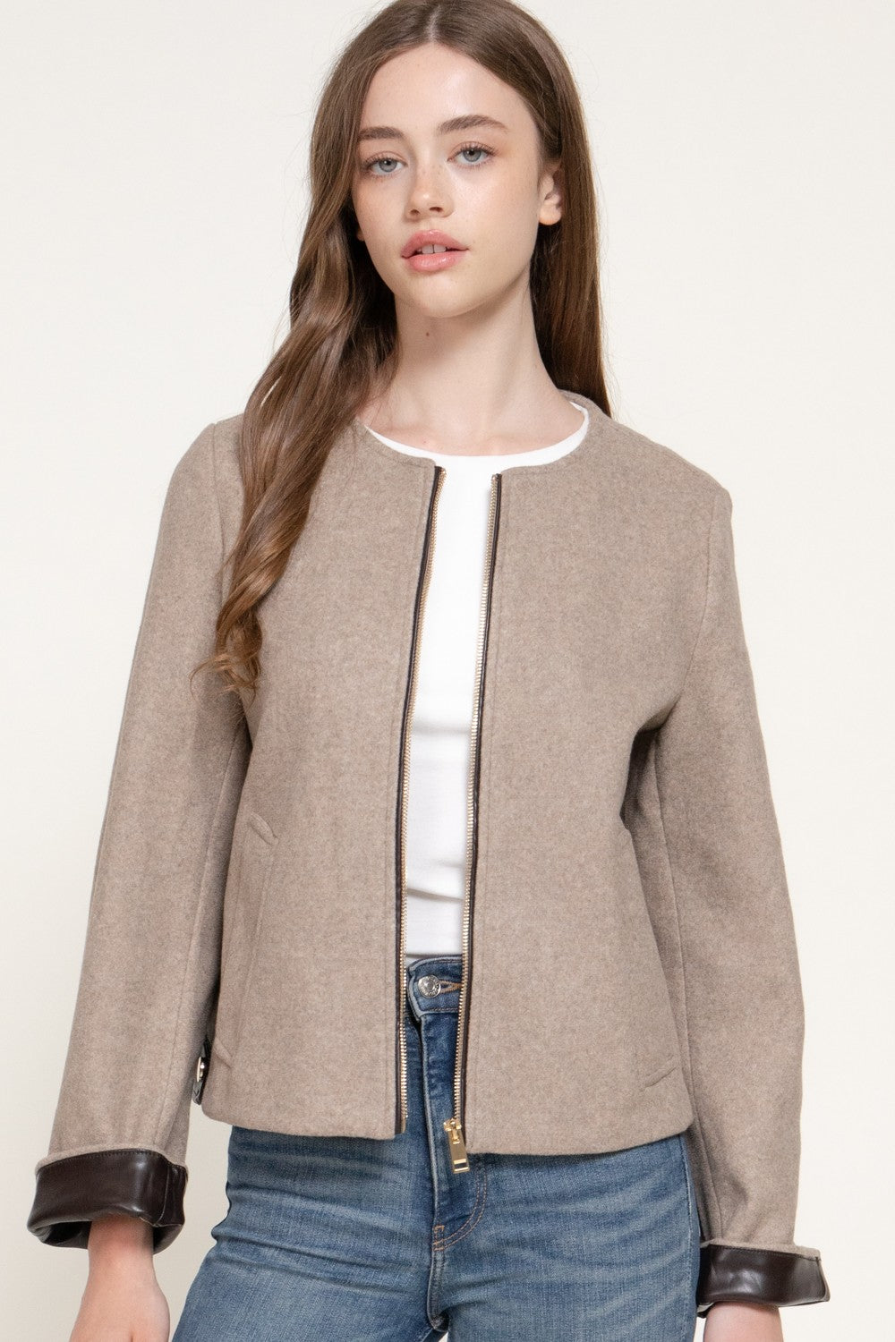 Long Slv Faux Leather Combination Felt Jacket