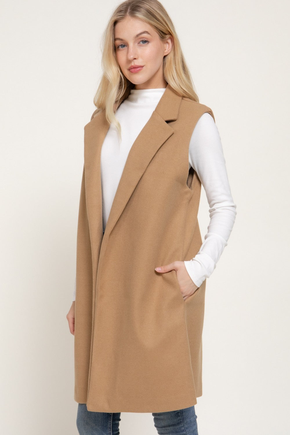 Sleeveless Notched Collar Soft Open Vest