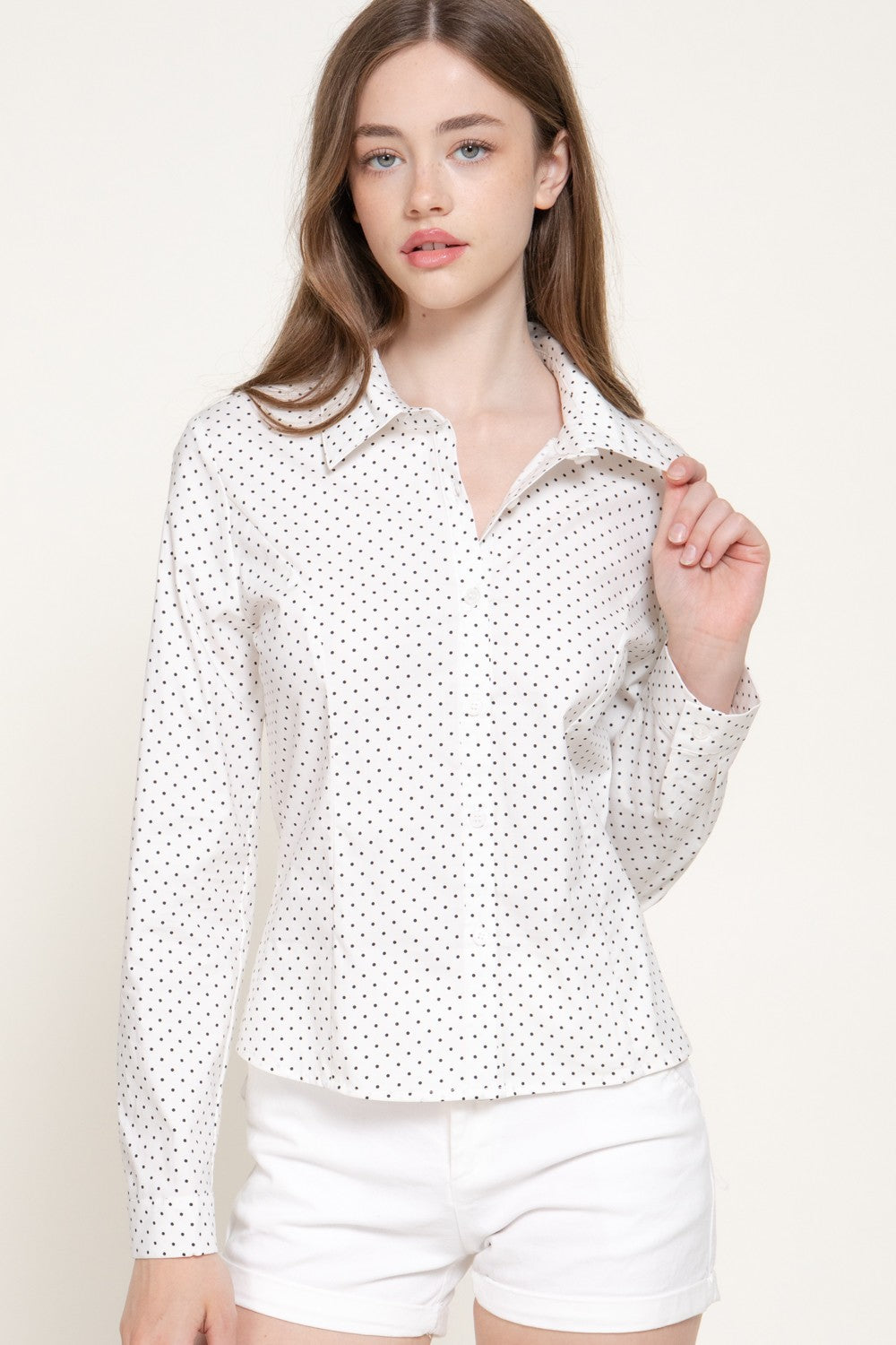 Long Sleeve Fitted Dot Poplin Shirt