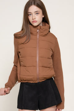 Knit Sleeve High Neck Puffer Jacket