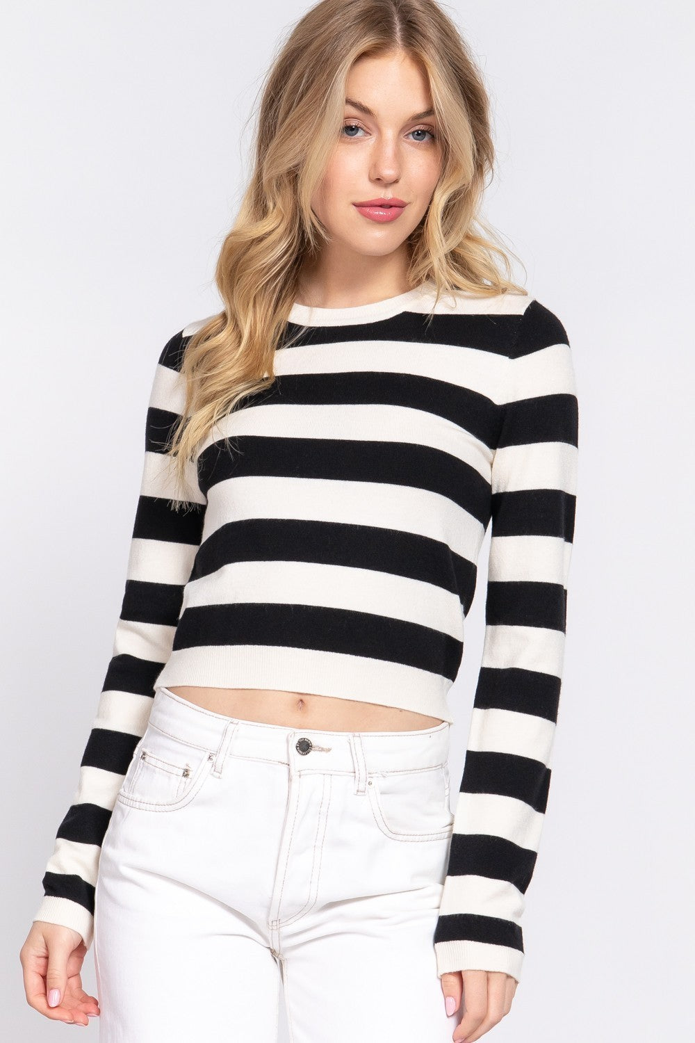 Long Slv Crew Neck Stripe Fitted Sweater