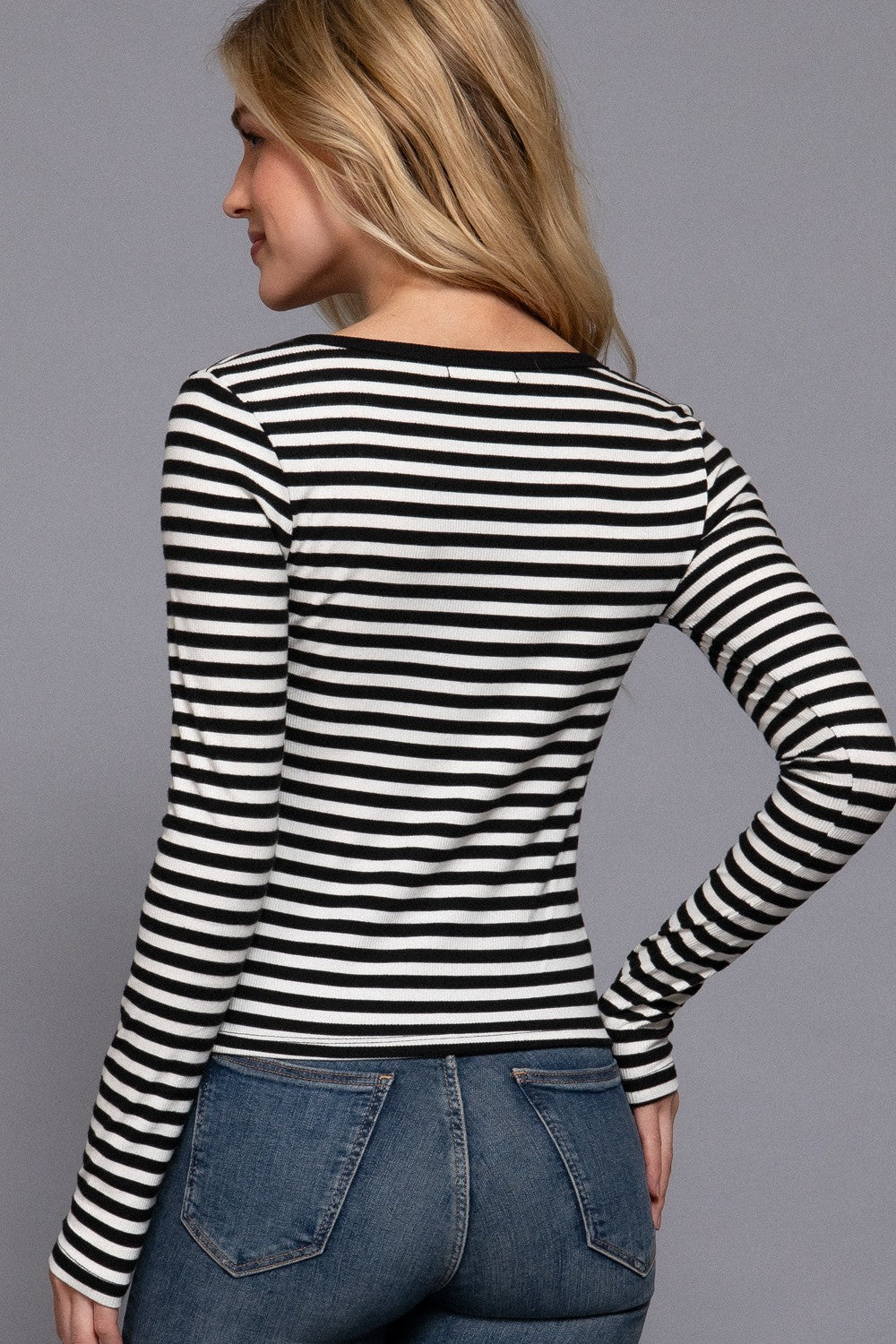 Long Slv Henley Neck Stripe Brushed Rib Top