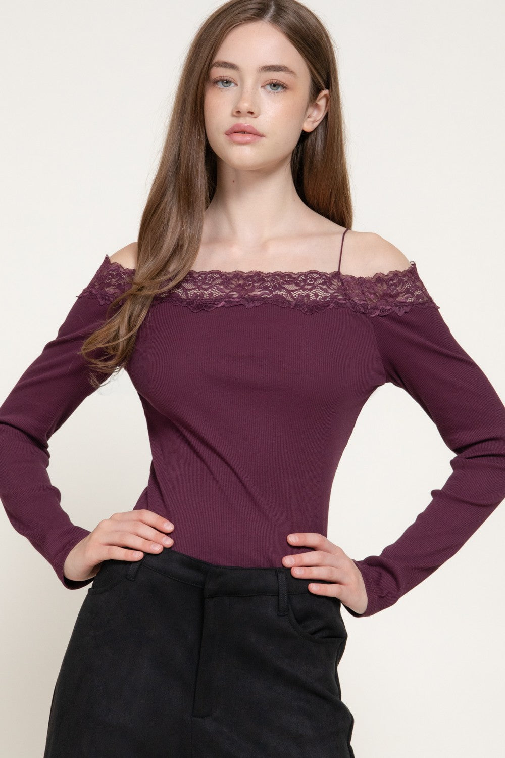 Long Slv Off The Shoulder Lace Trim Knit Top