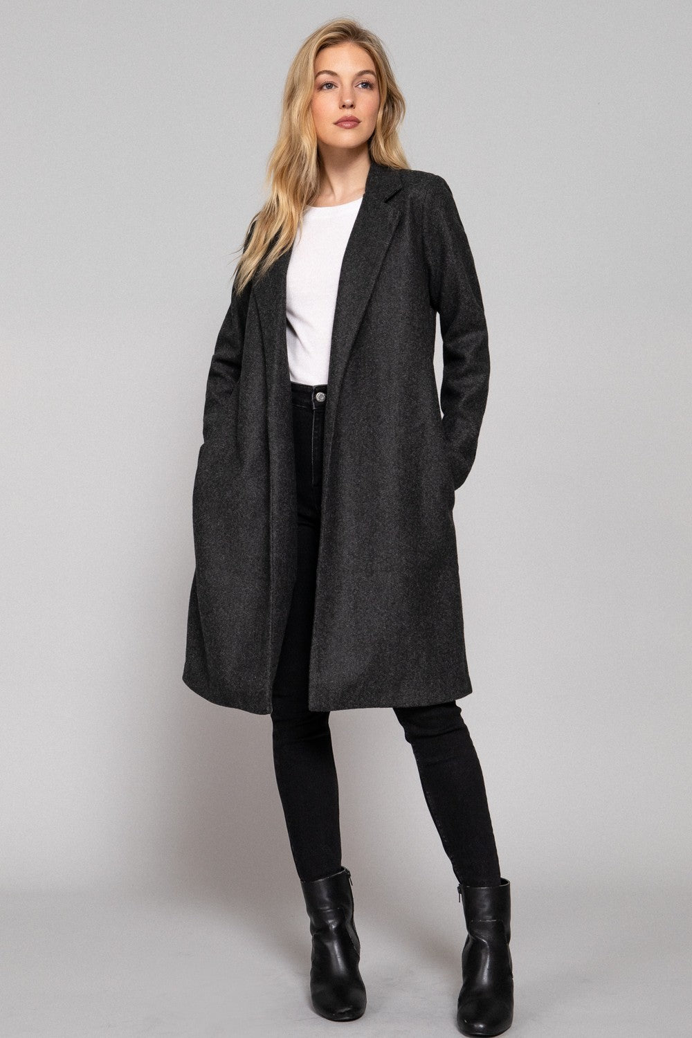 Long Slv Notched Collar Open Front Long Coat