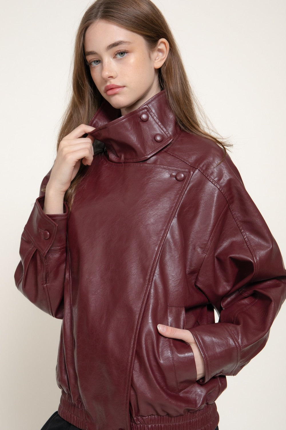 High Collar Faux Leather Jacket