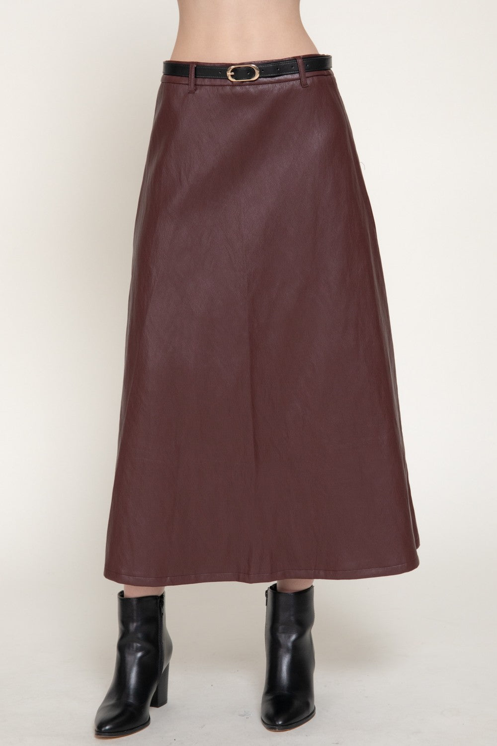 Faux Leather Belted A-line Midi Skirt
