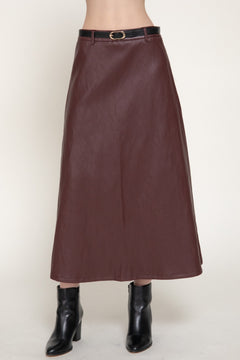 Faux Leather Belted A-line Midi Skirt