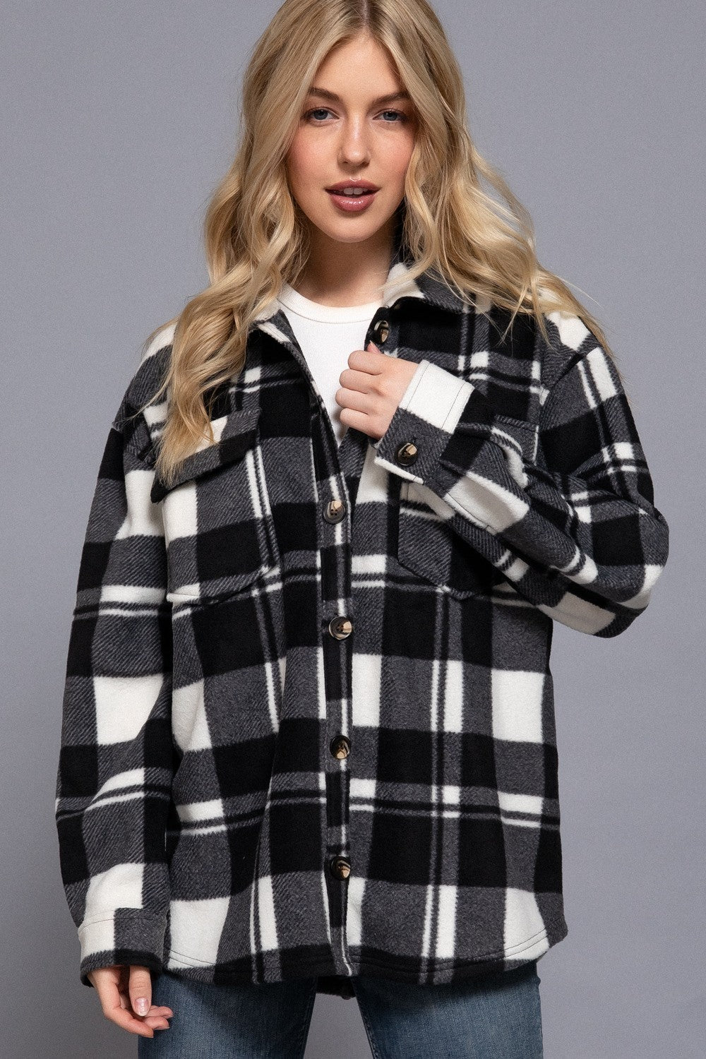 Long Slv Check Printed Fleece Shacket
