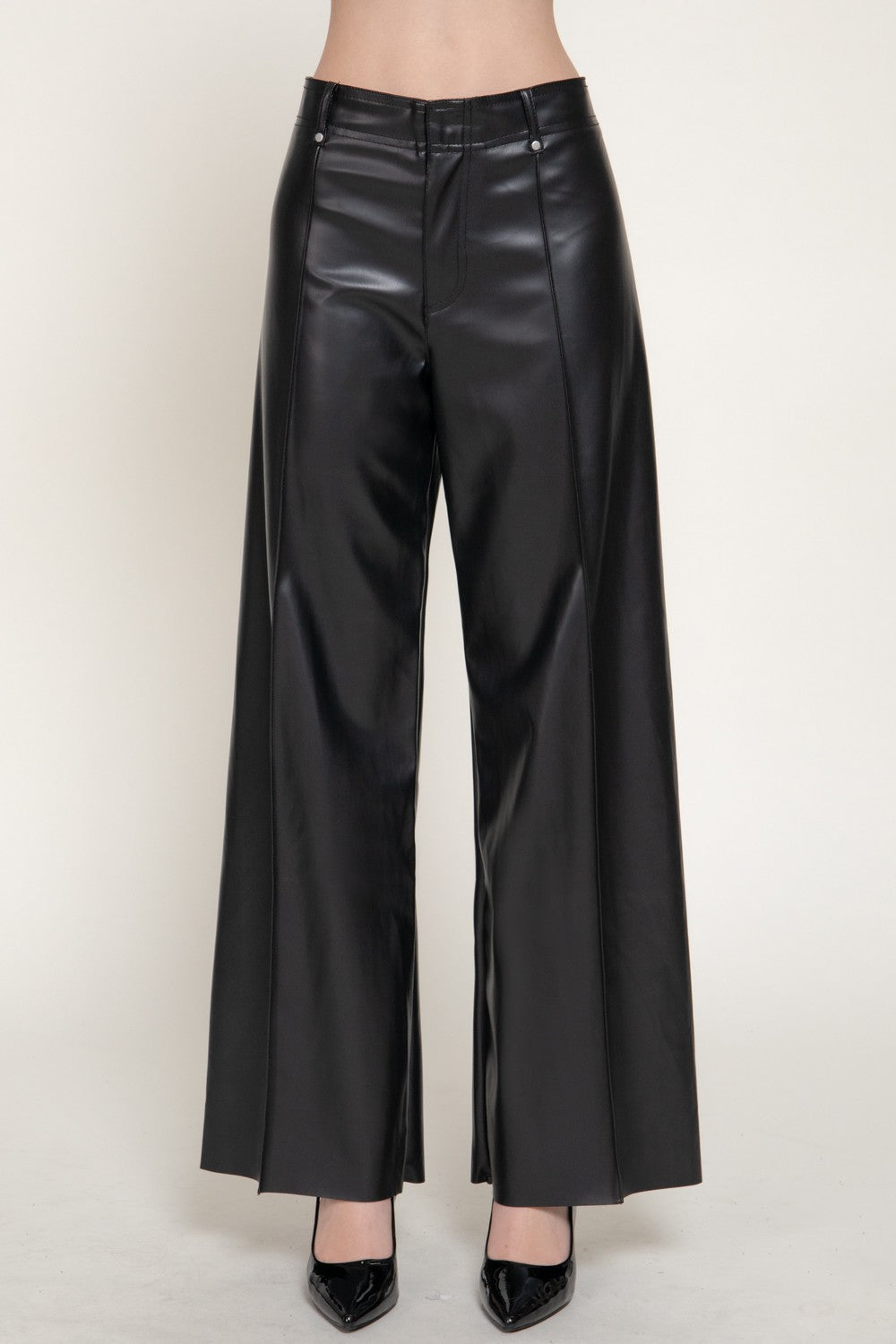 Marked Seam Wide Leg Faux Leather Pants