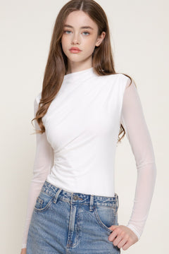 Long Slv Mock Neck Shirring Mesh Bodysuit