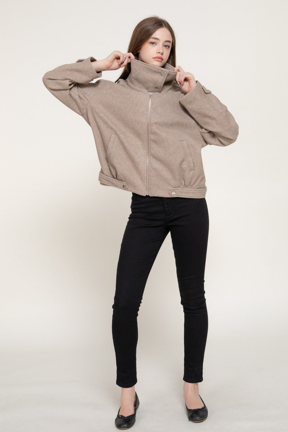 Long Sleeve High Neck Felt Bomber Jacket