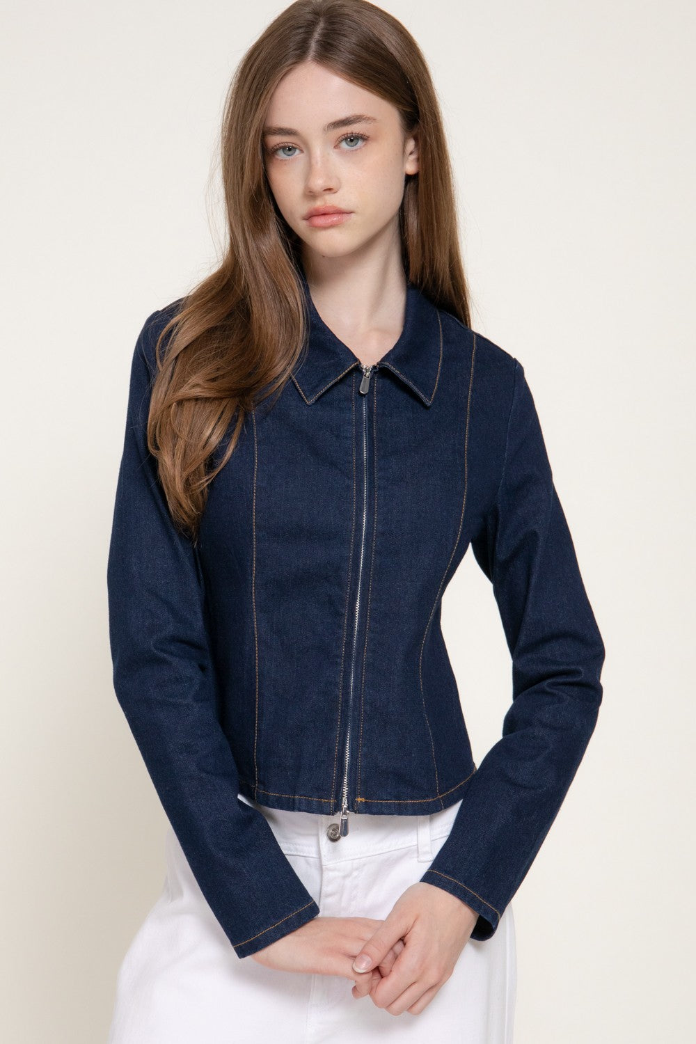 Long Slv Zip Front Stretch Denim Shacket