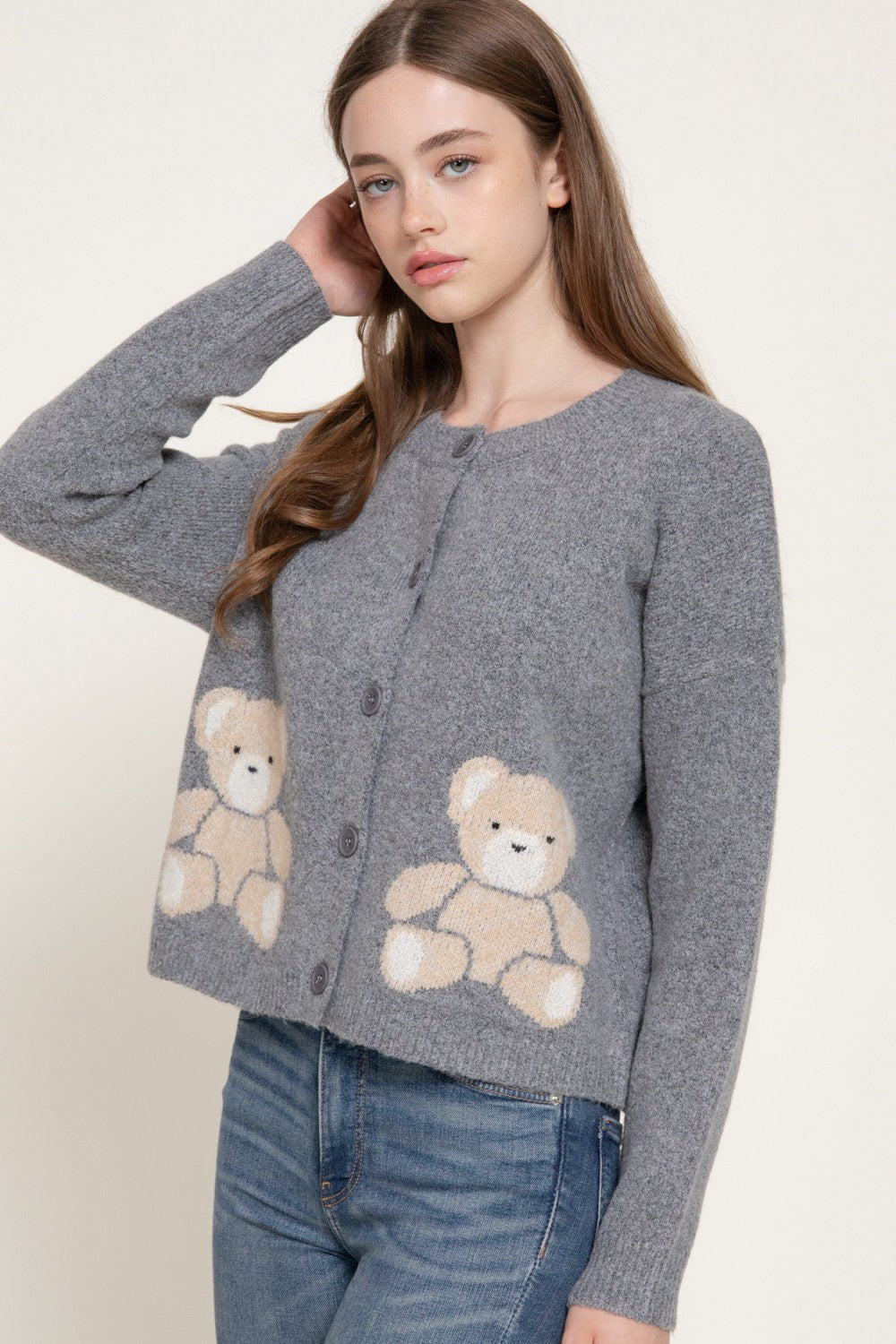 Long Slv Jacquard Bear Sweater Cardigan