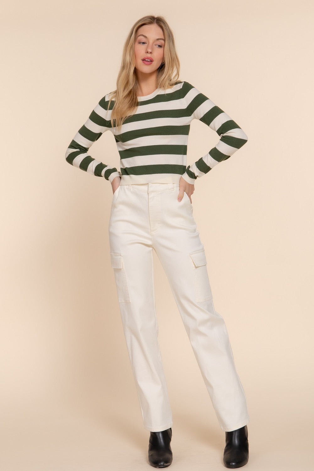 Long Slv Crew Neck Stripe Fitted Sweater