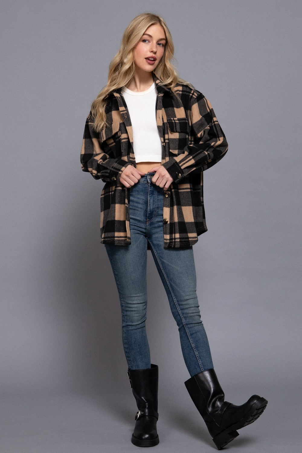 Long Slv Check Printed Fleece Shacket