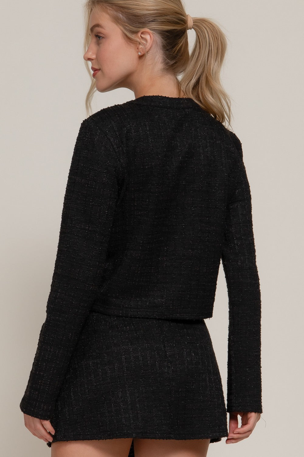 Long Sleeve Button Down Tweed Jacket