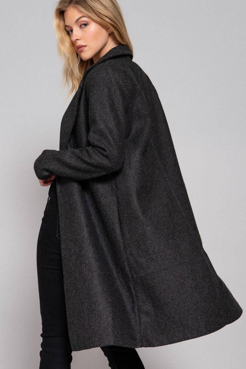 Long Slv Notched Collar Open Front Long Coat