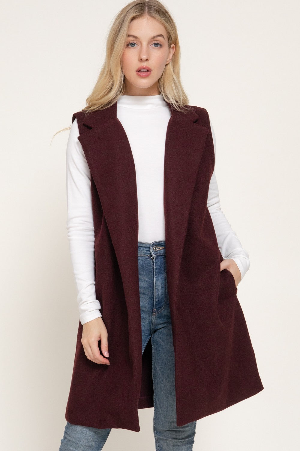 Sleeveless Notched Collar Soft Open Vest