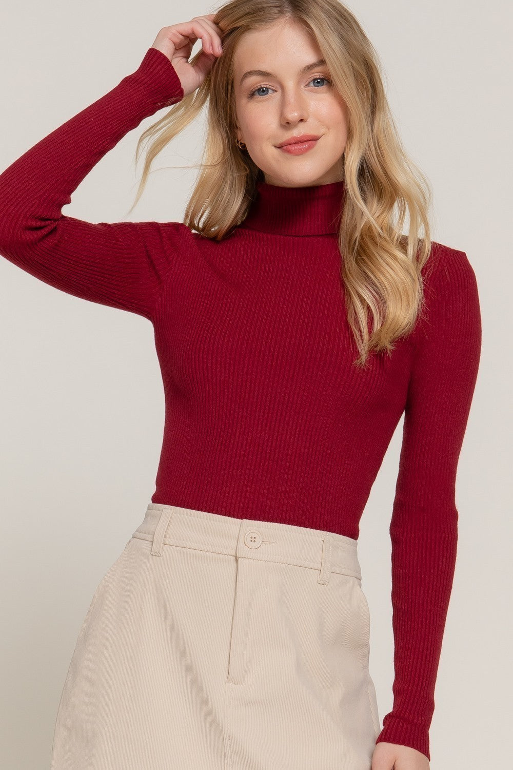 Turtle Neck Fitted Viscose Rib Sweater Top