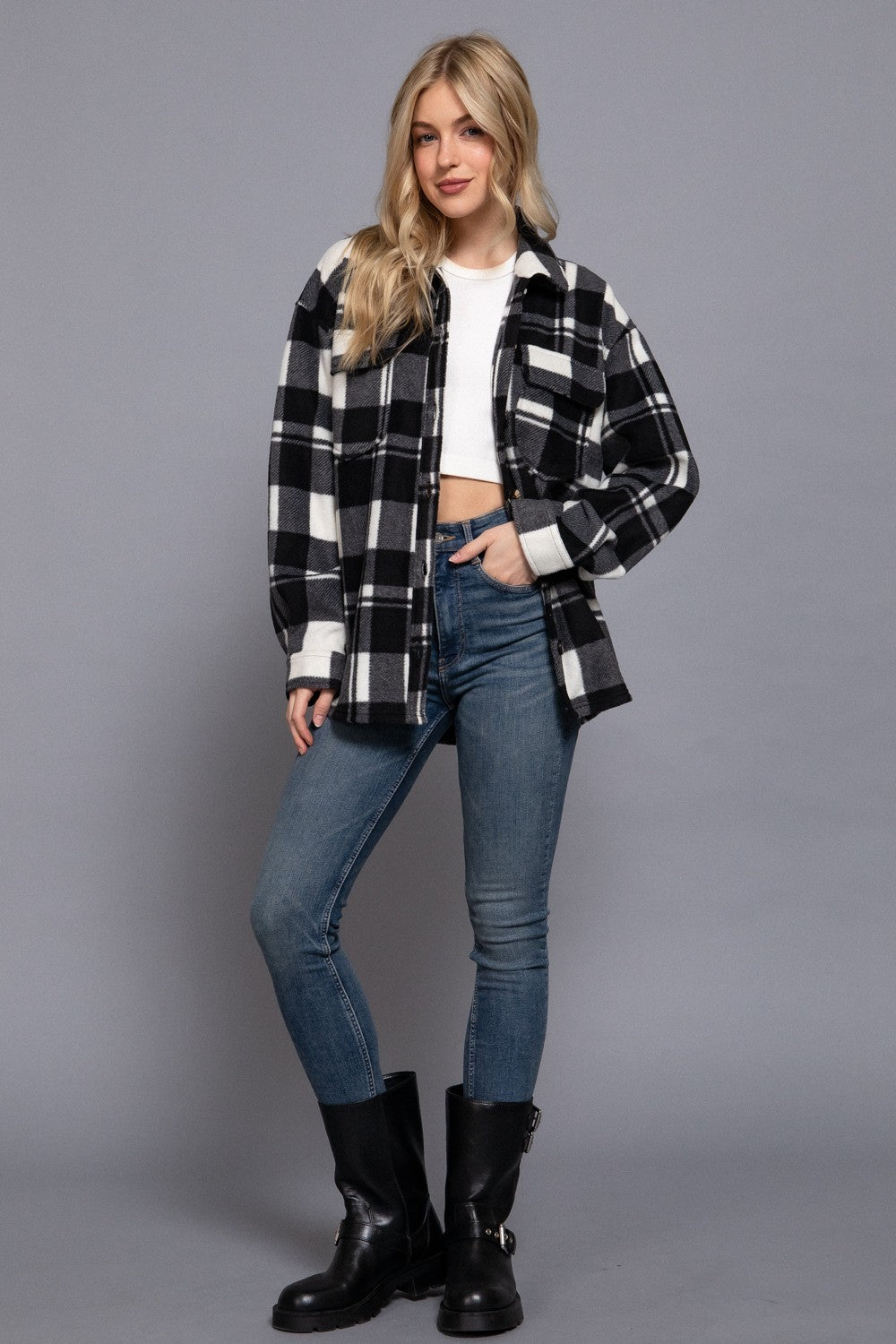 Long Slv Check Printed Fleece Shacket