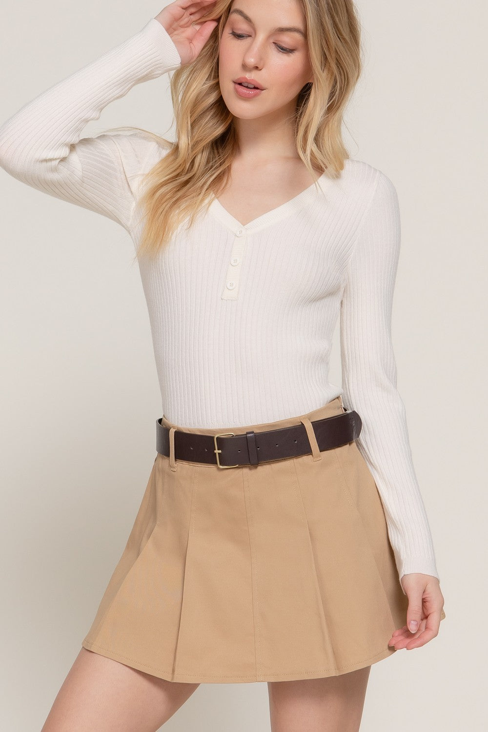 Belted Cotton Twill Pleated Mini Skirt
