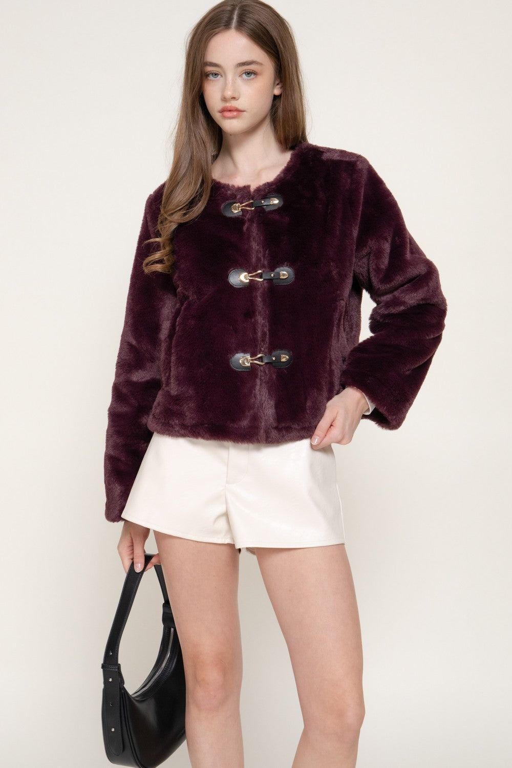 Long Slv Round Neck Toggle Faux Fur Jacket