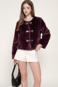 Long Slv Round Neck Toggle Faux Fur Jacket