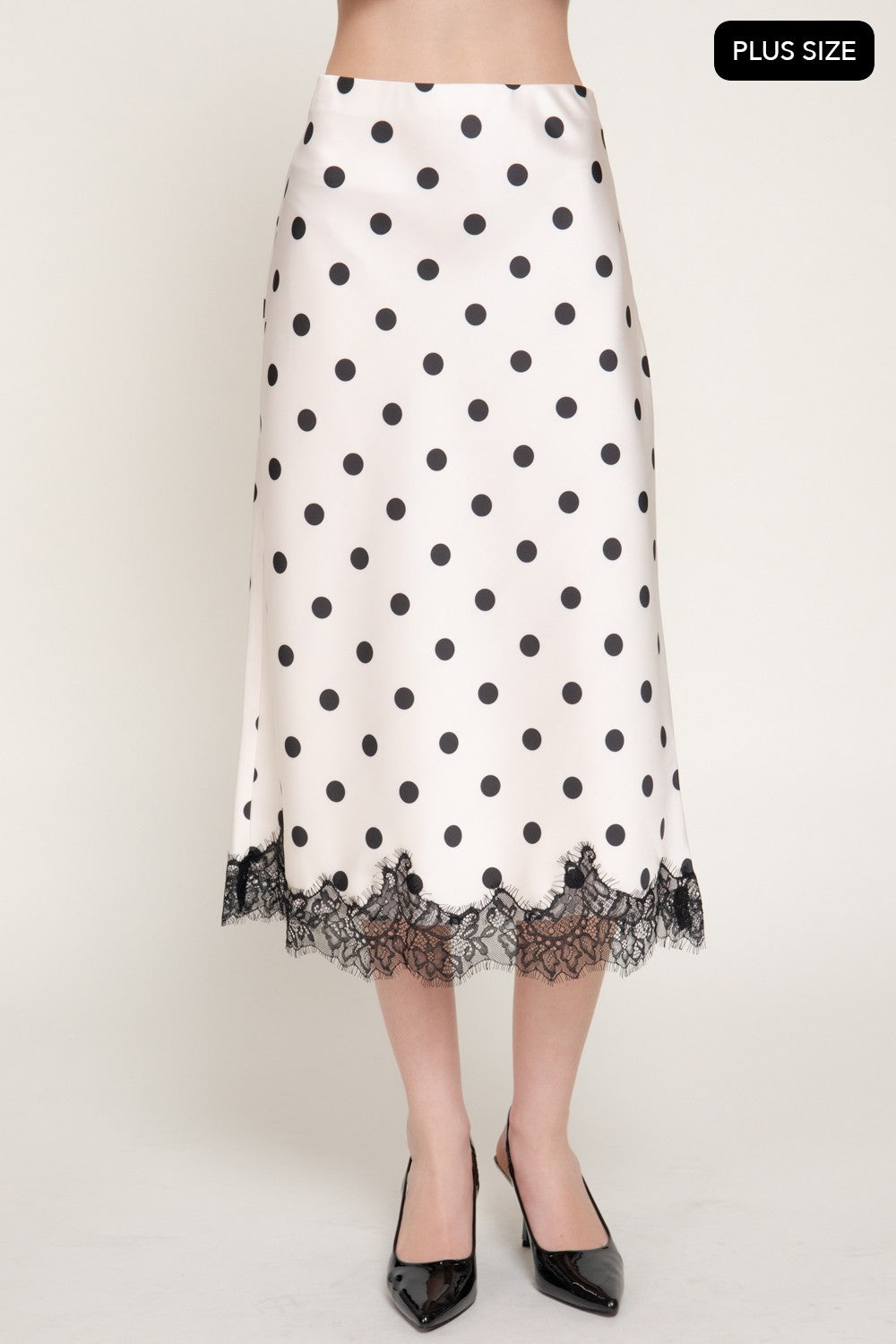 Tonal Lace Trim Dot Print Satin Midi Skirt