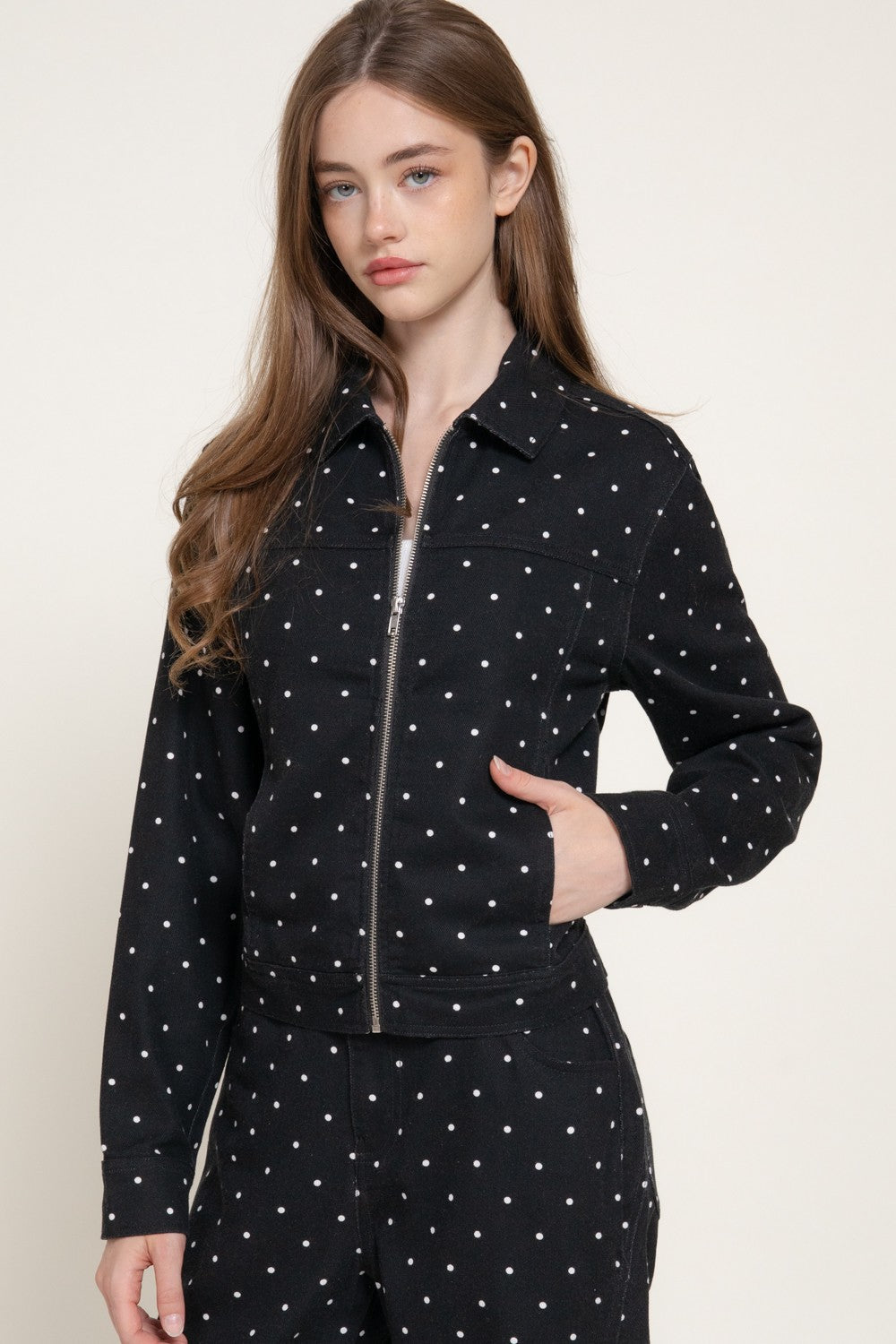 Long Slv Dot Print Cotton Twill Jacket