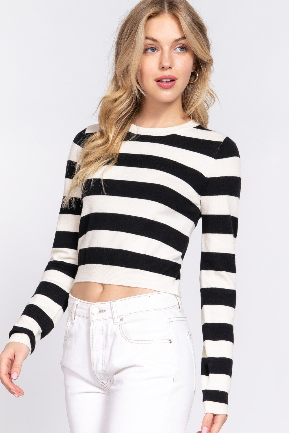 Long Slv Crew Neck Stripe Fitted Sweater