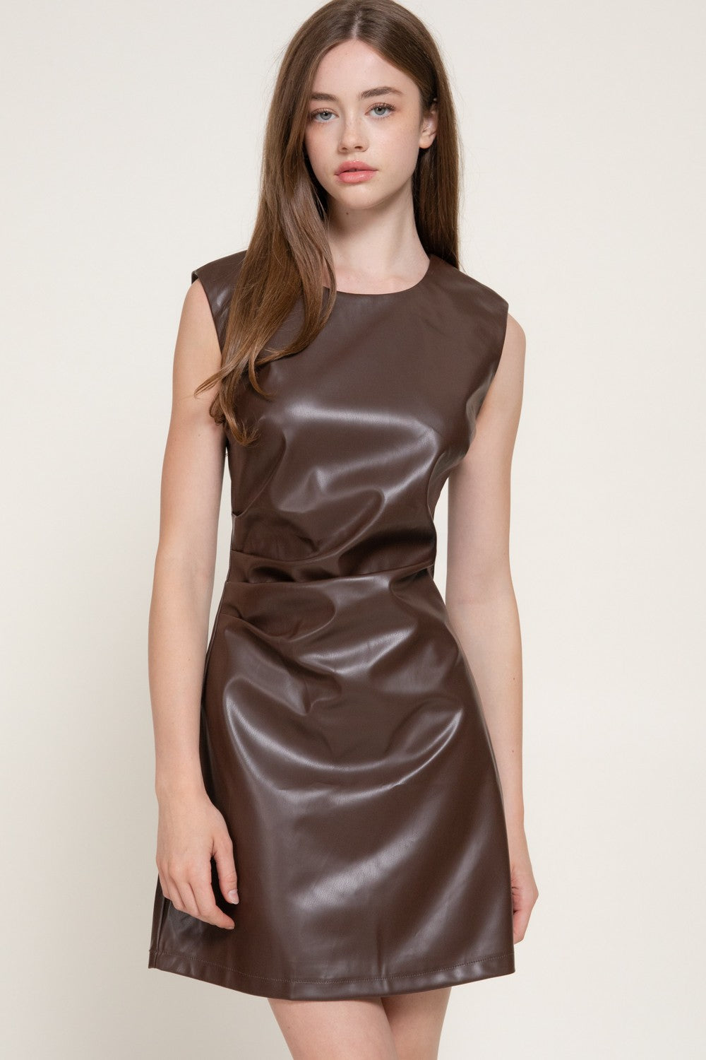 Sleeveless Ruched Faux Leather Mini Dress