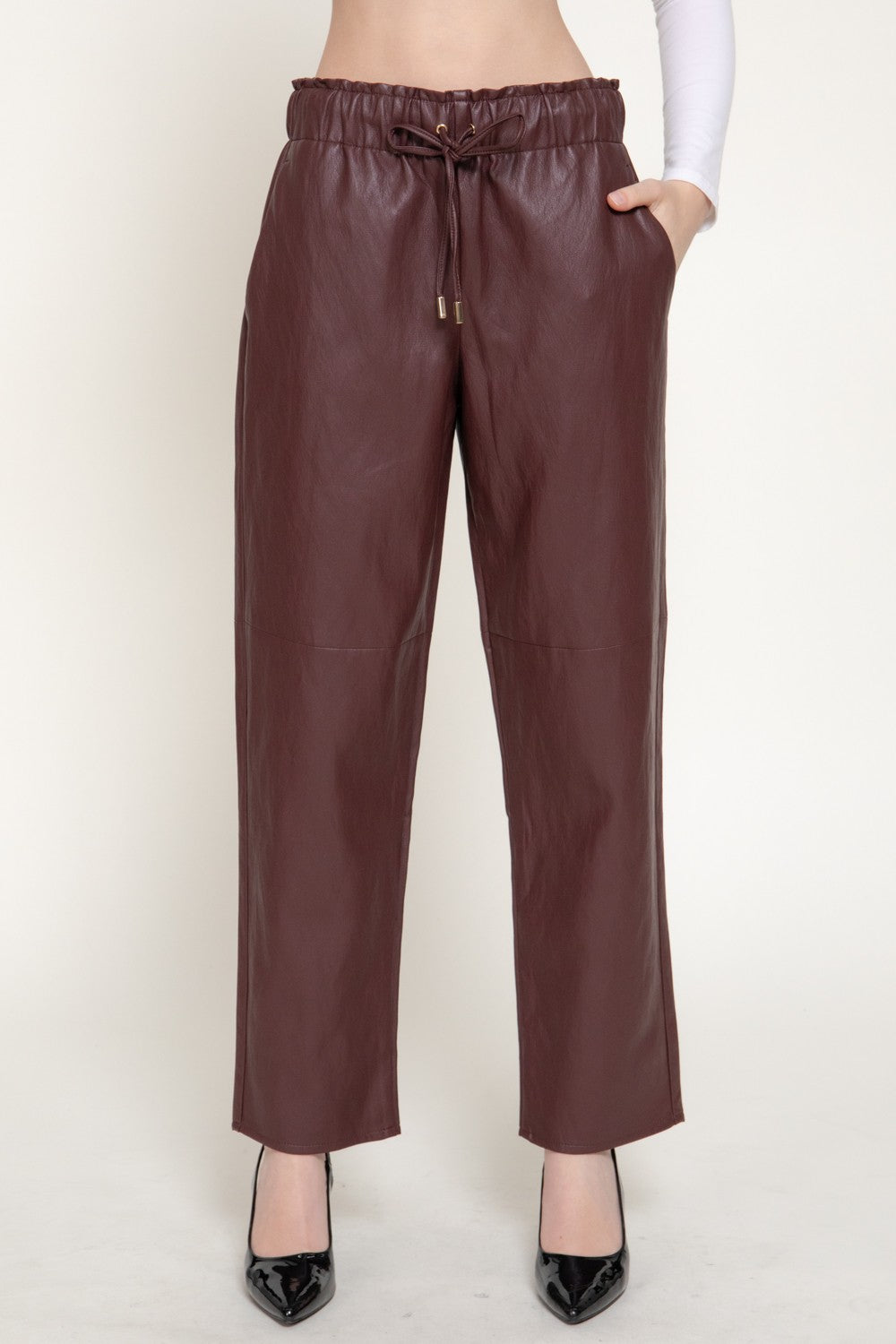 Elastic Waist Texture Faux Leather Pants