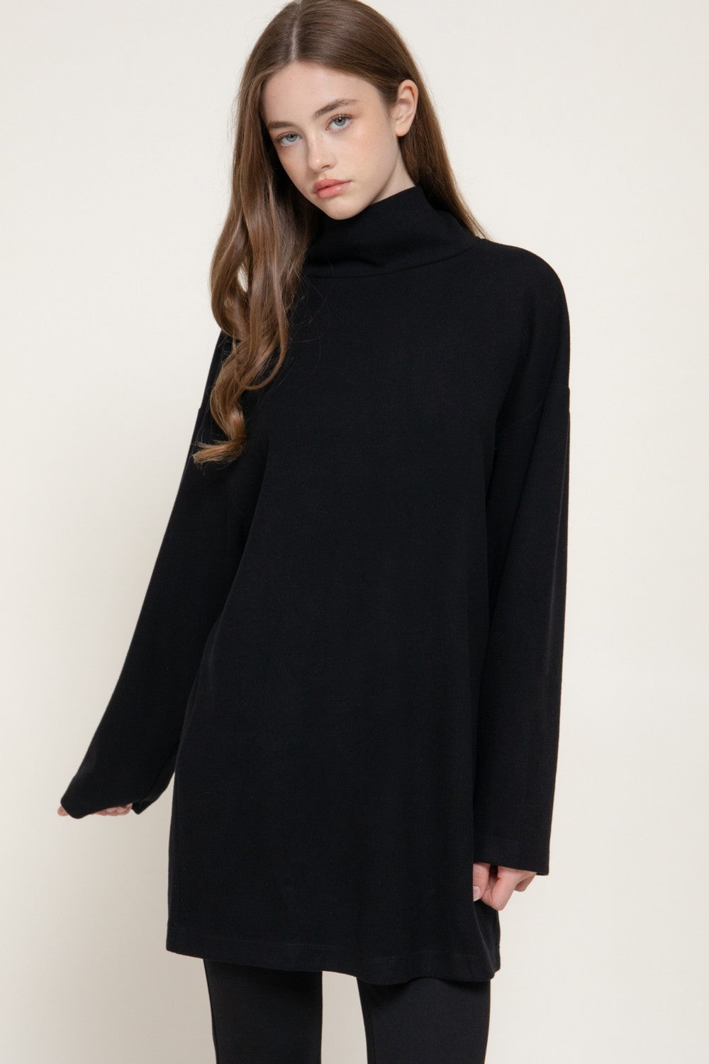 Long Slv High Neck Brushed Knit Mini Dress