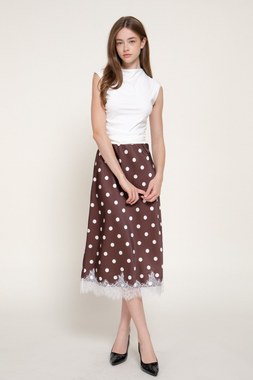 Tonal Lace Trim Dot Print Satin Midi Skirt