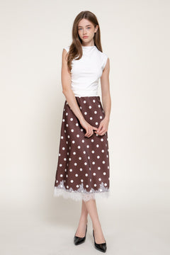 Tonal Lace Trim Dot Print Satin Midi Skirt