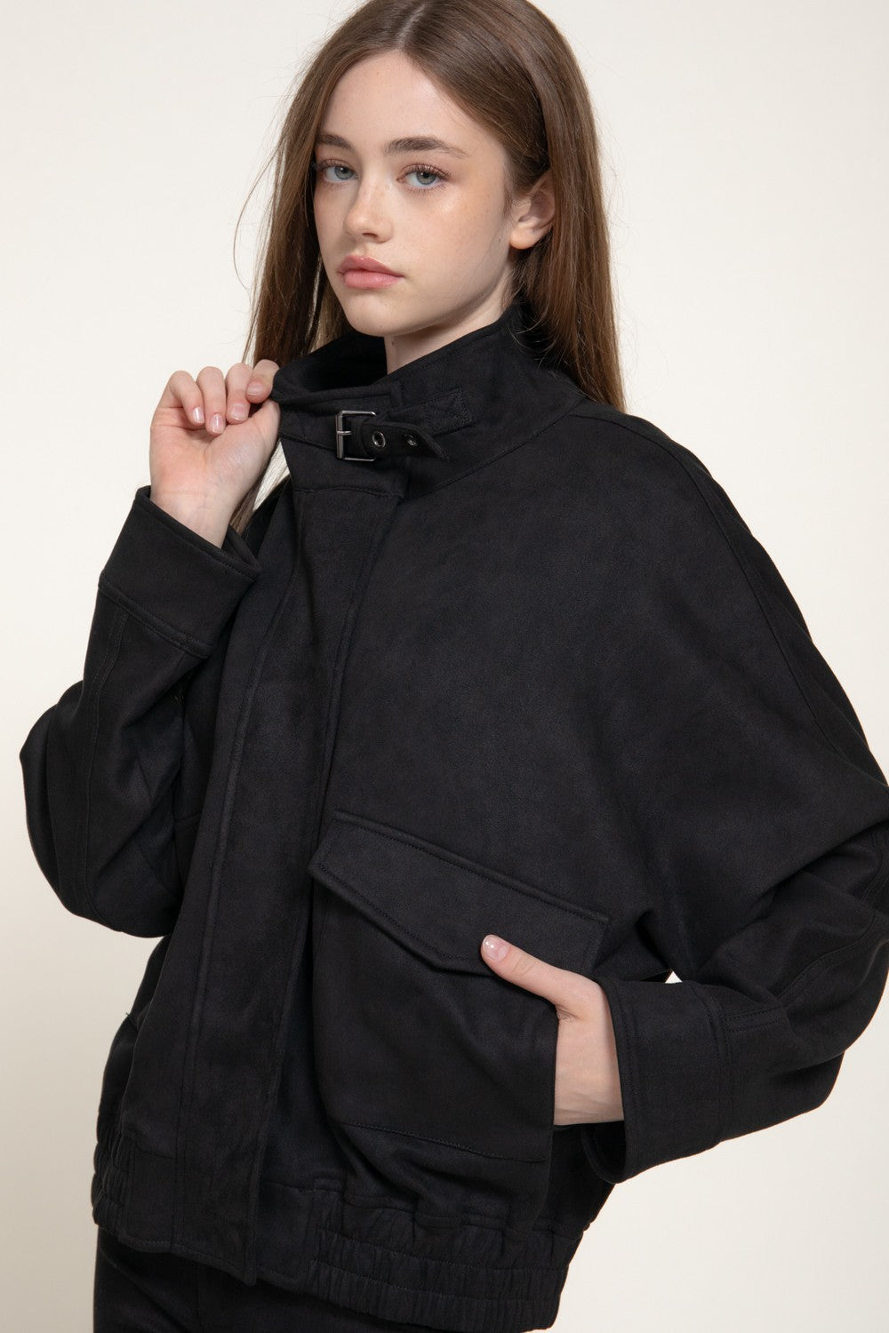 High Neck W/tab Elastic Hem Faux Suede Jacket