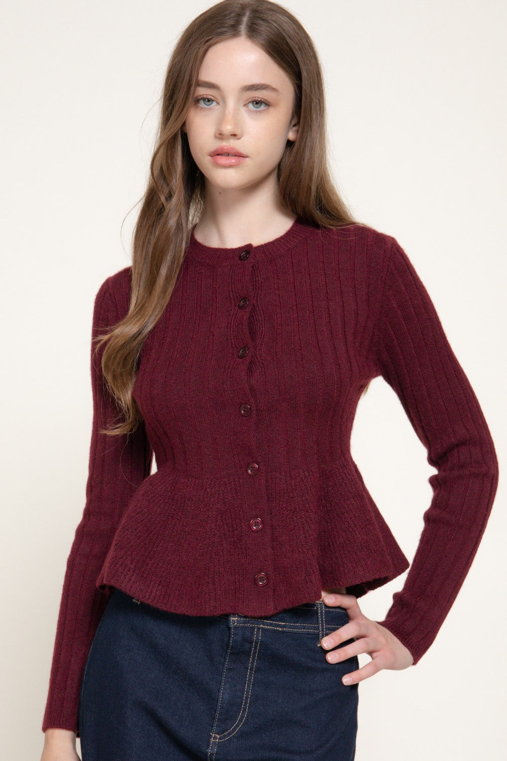 Long Slv Peplum Sweater Cardigan