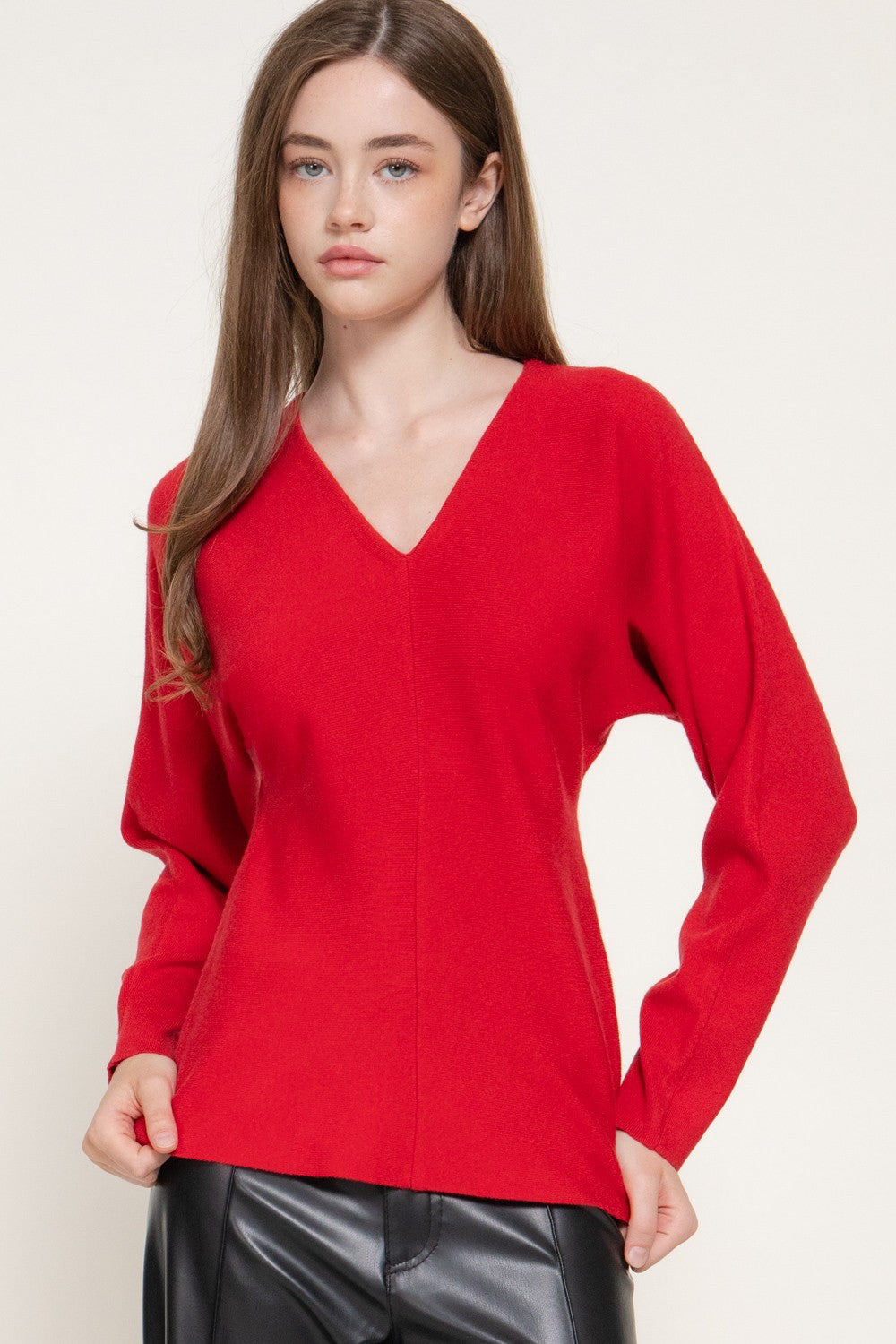 Long Sleeve V-Neck Fitted Waist Fine Knit Sweater