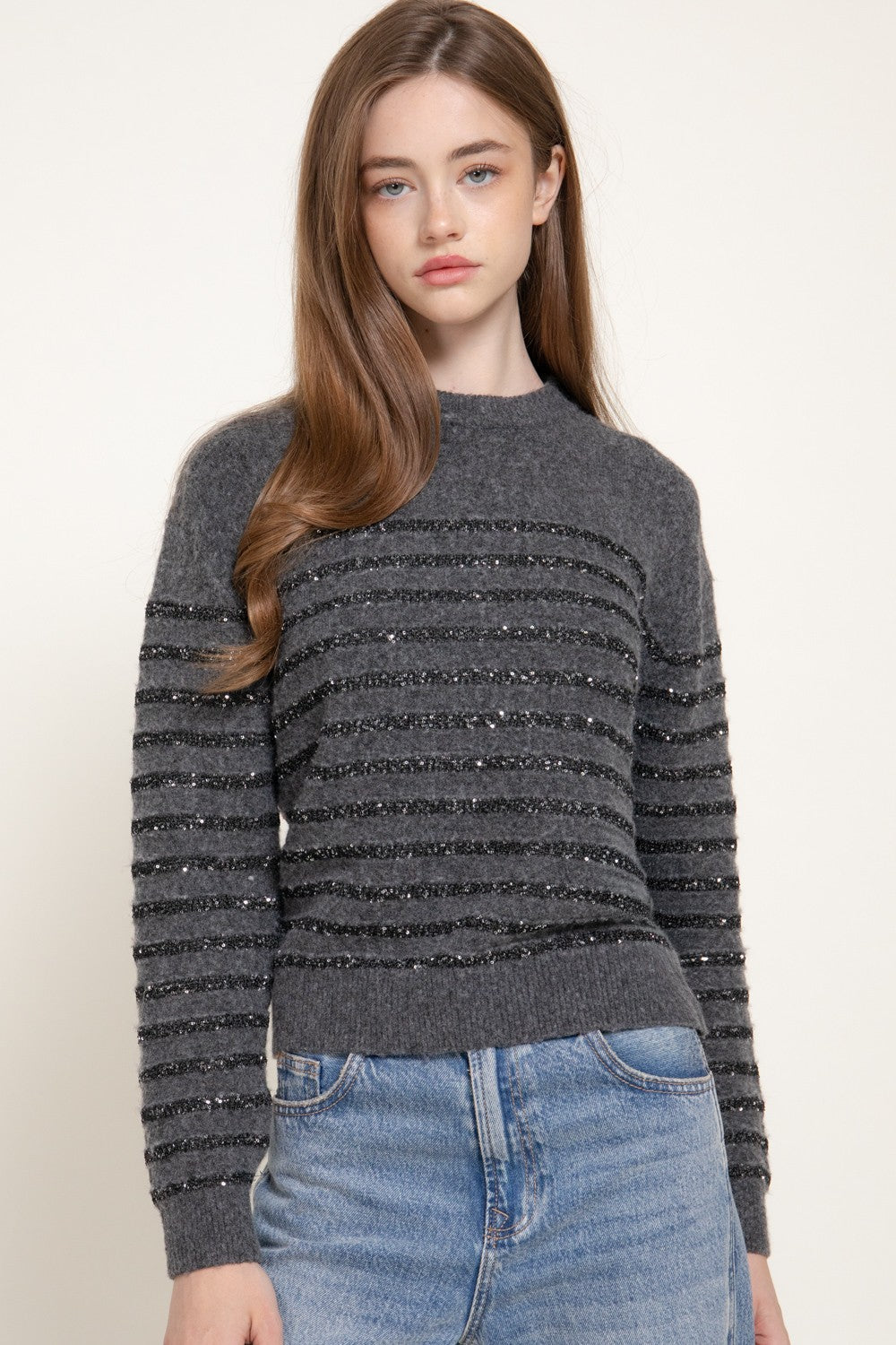 Long Slv Crew Neck Stripe Sequins Sweater