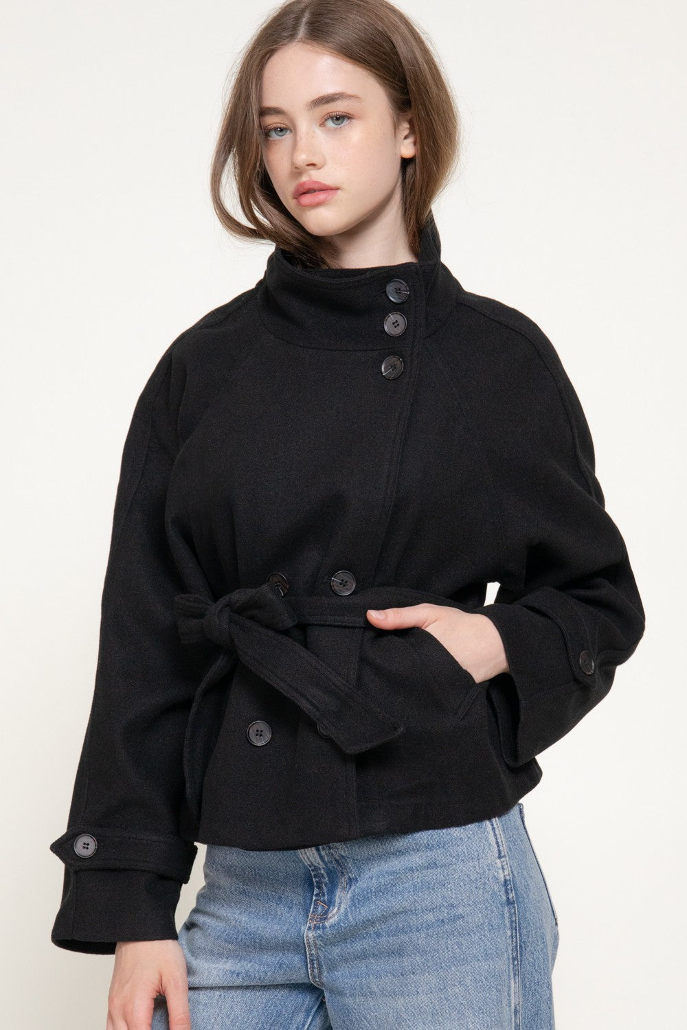 Double Breasted Button Belted Felt Jacket