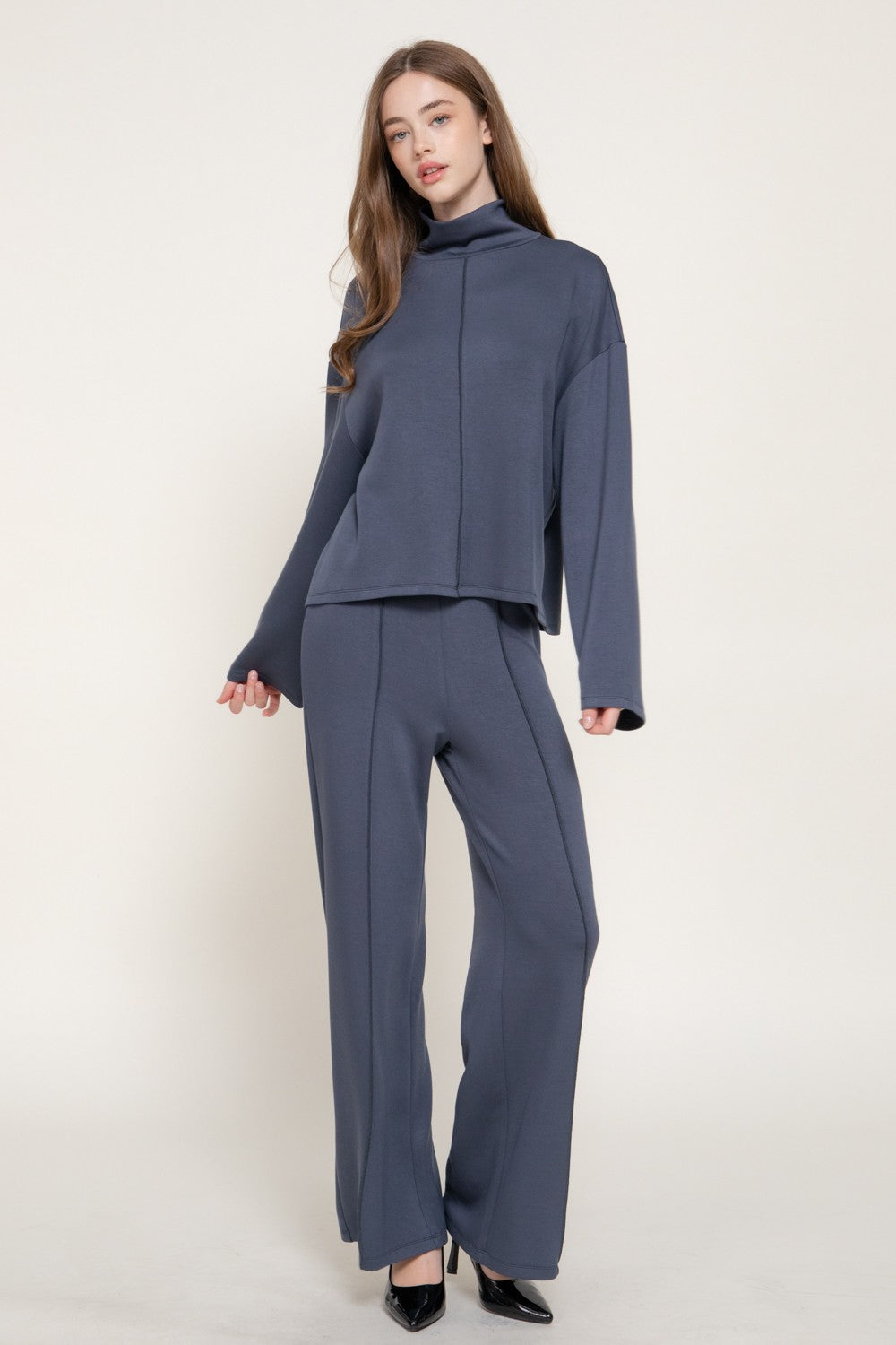 Long Slv Mock Neck Top & Straight Long Pants Set