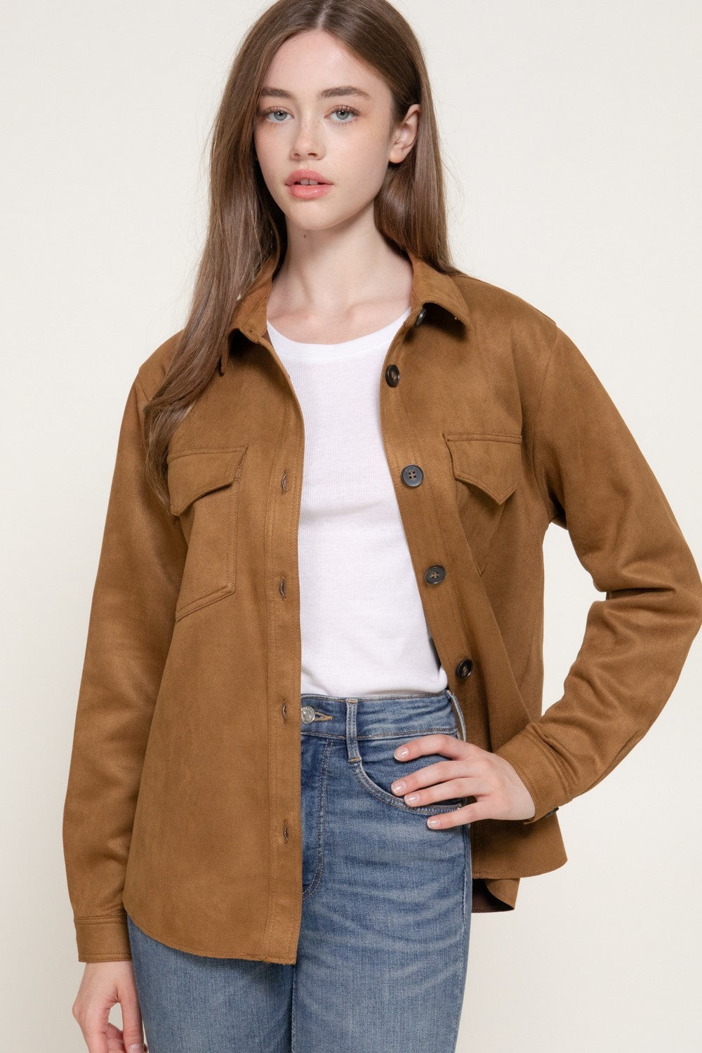 Long Sleeve Loose Fit Faux Suede Shacket
