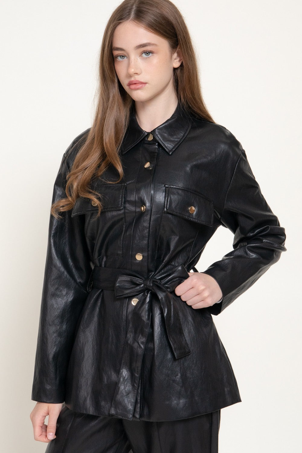 Button Down Belted Faux Leather Jacket