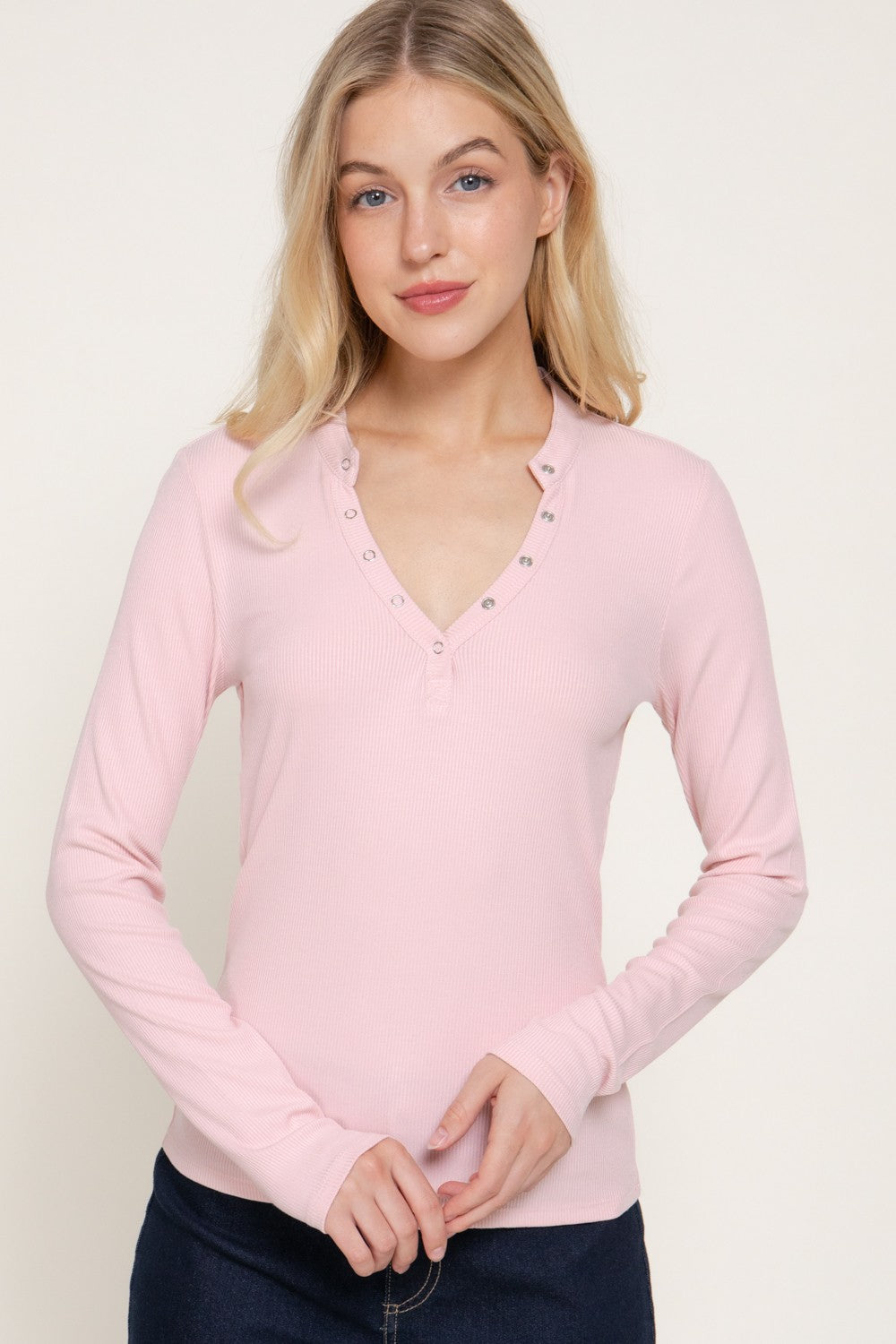 Long Slv Henley Neck Ribbed Top