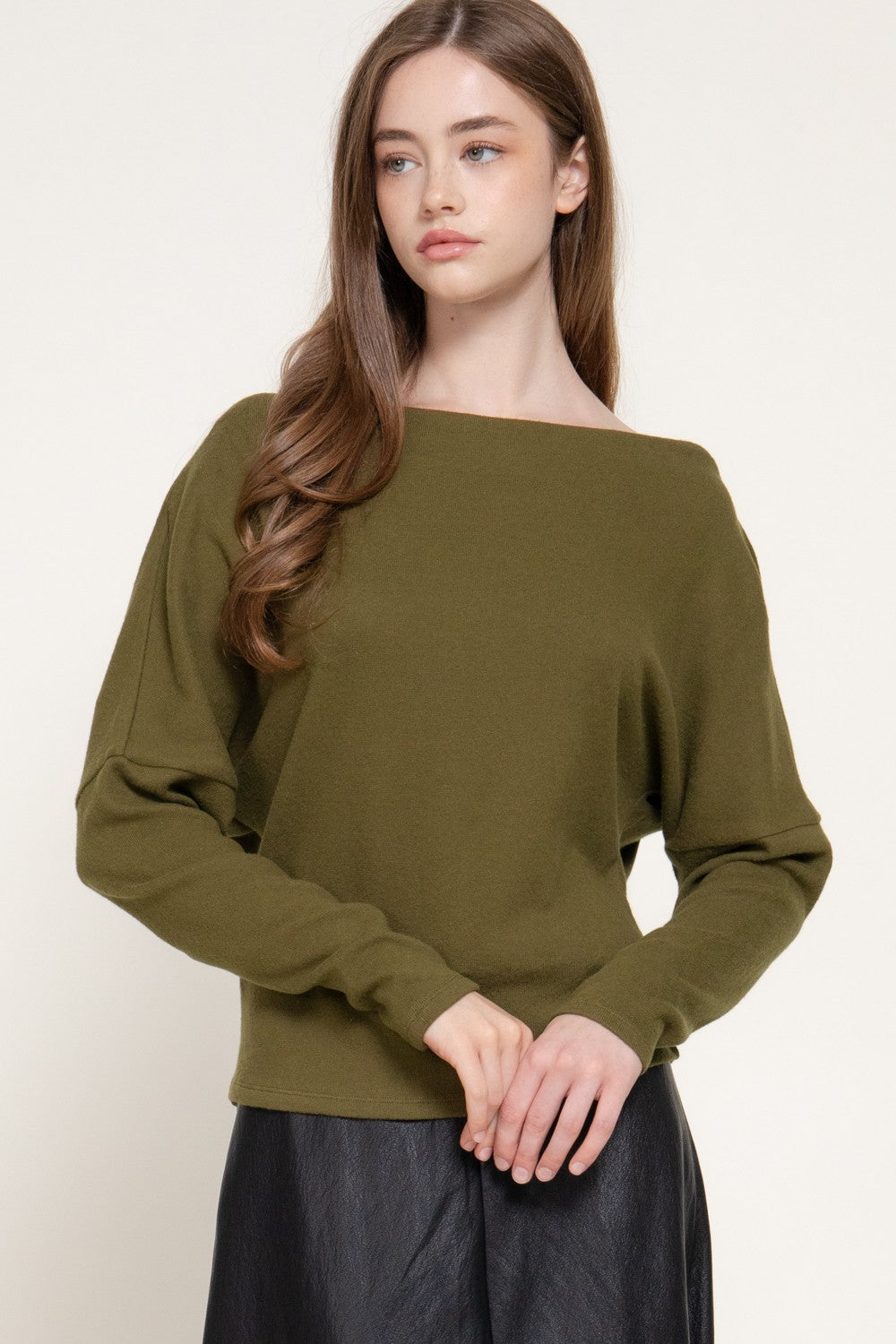 Long Dolman Slv Wide Boat Neck Brushed Knit Top