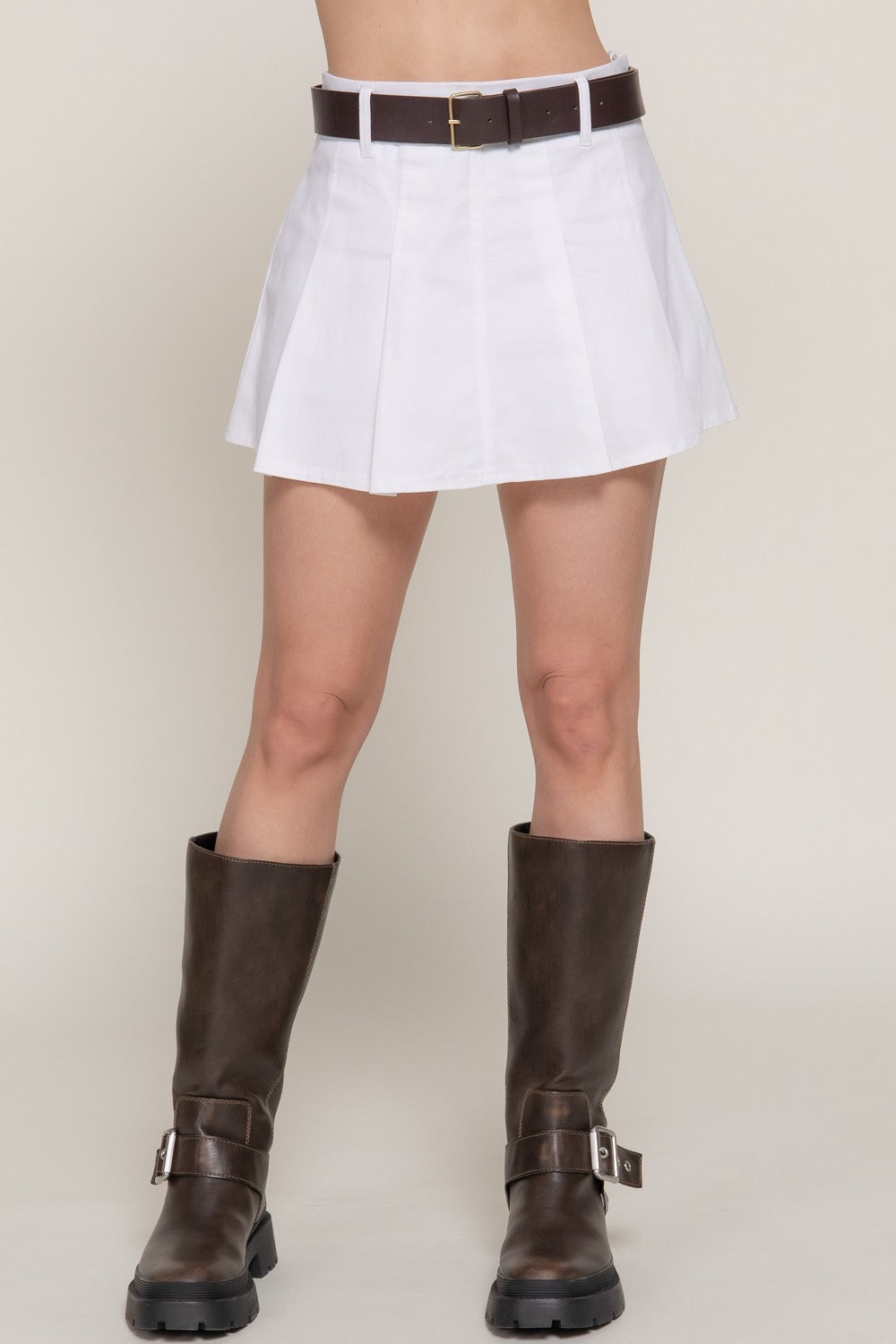 Belted Cotton Twill Pleated Mini Skirt