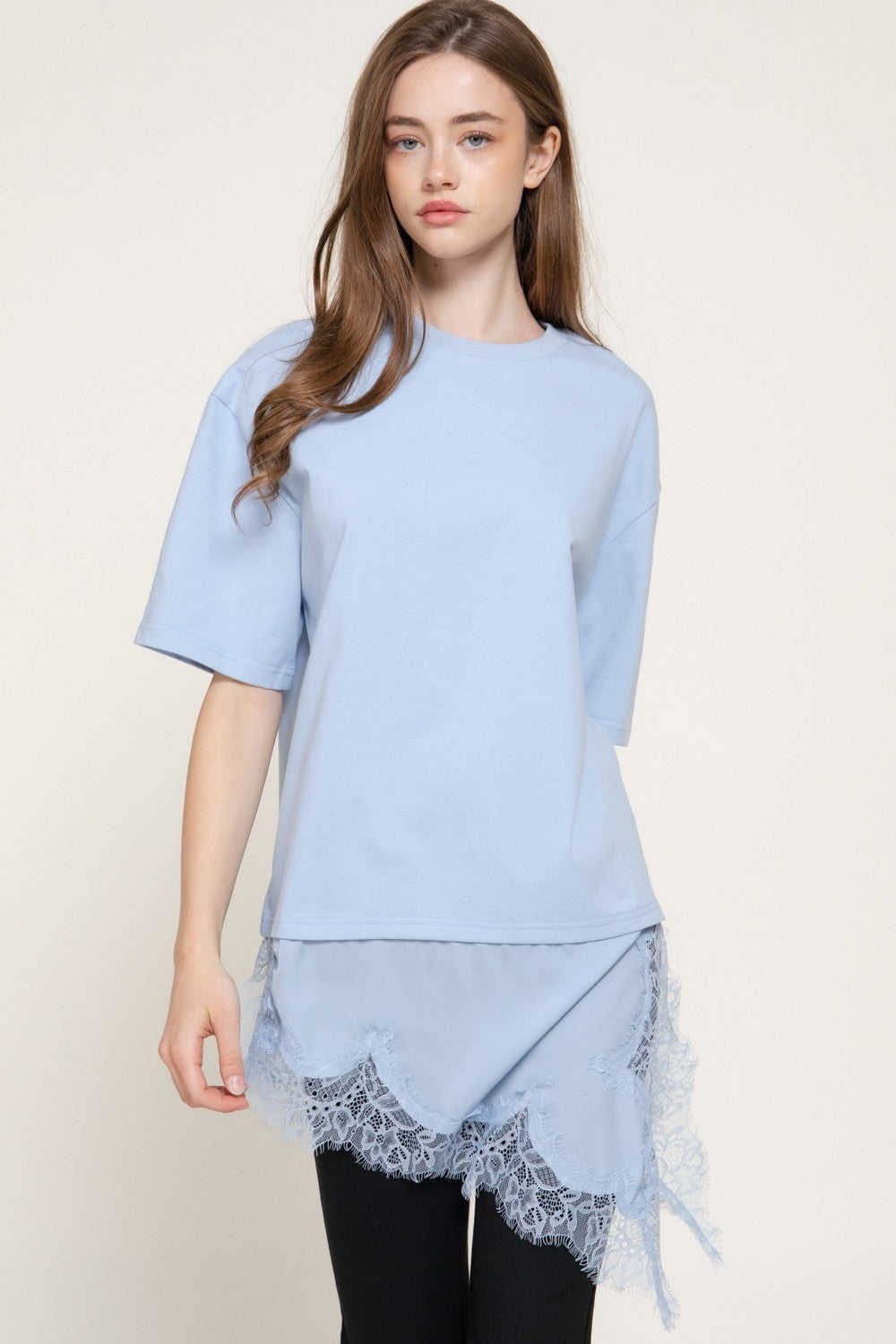 Short Slv Asymmetrical Hem Tonal Lace Knit Top