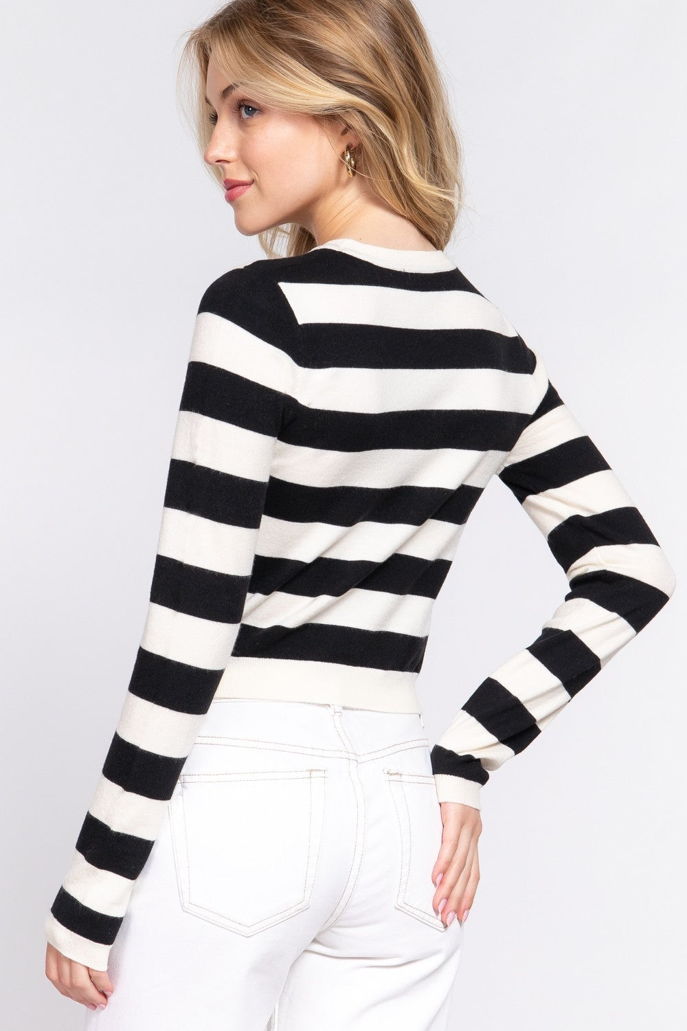 Long Slv Crew Neck Stripe Fitted Sweater